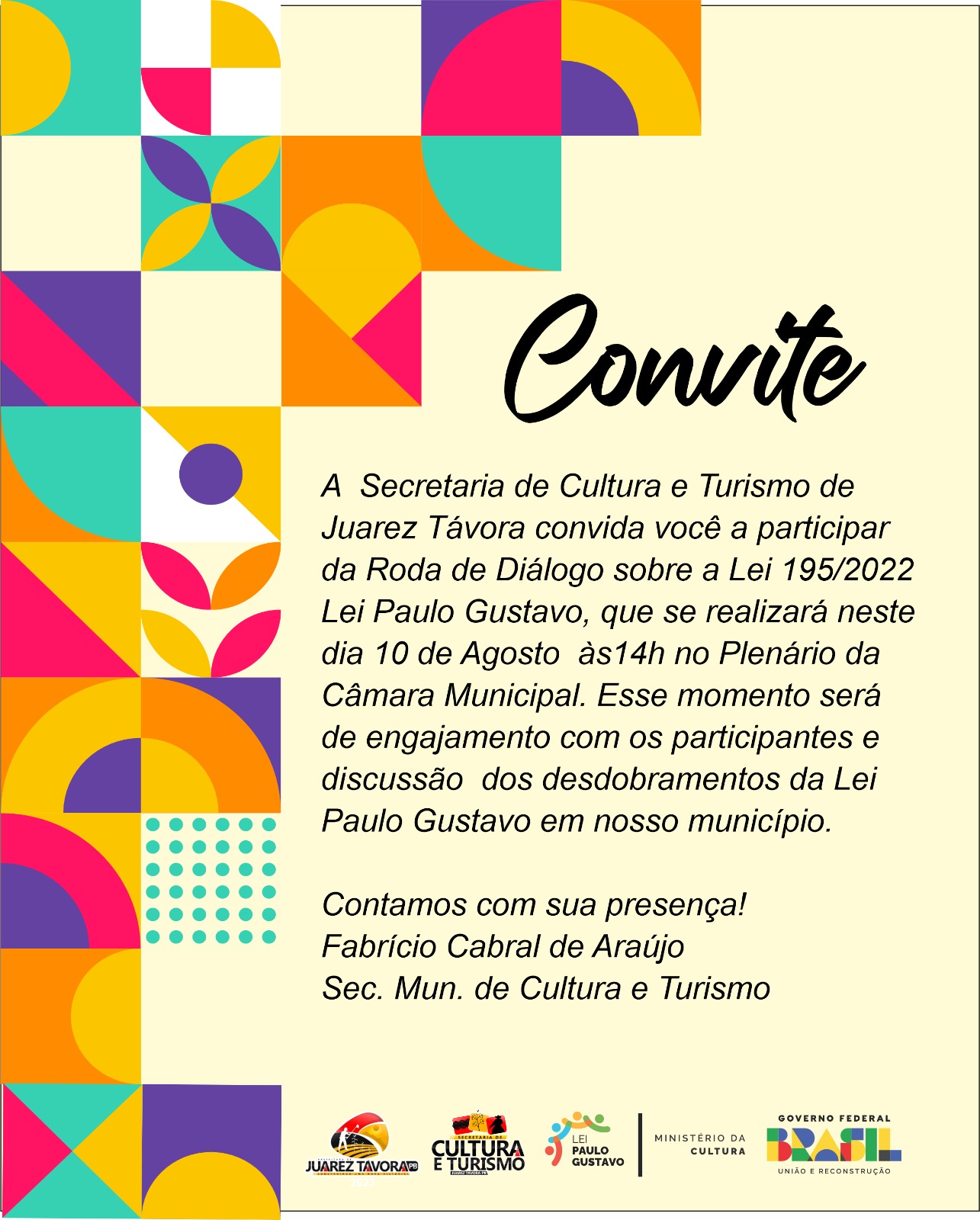 Secretaria de Cultura e Turismo convida os juarezenses para participar do encontro 'Diálogo Cultural' sobre a Lei Paulo Gustavo
