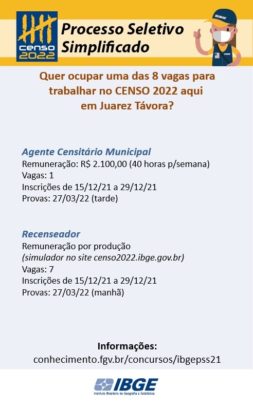 Processo seletivo do IBGE para Censo 2022 em Juarez Távora