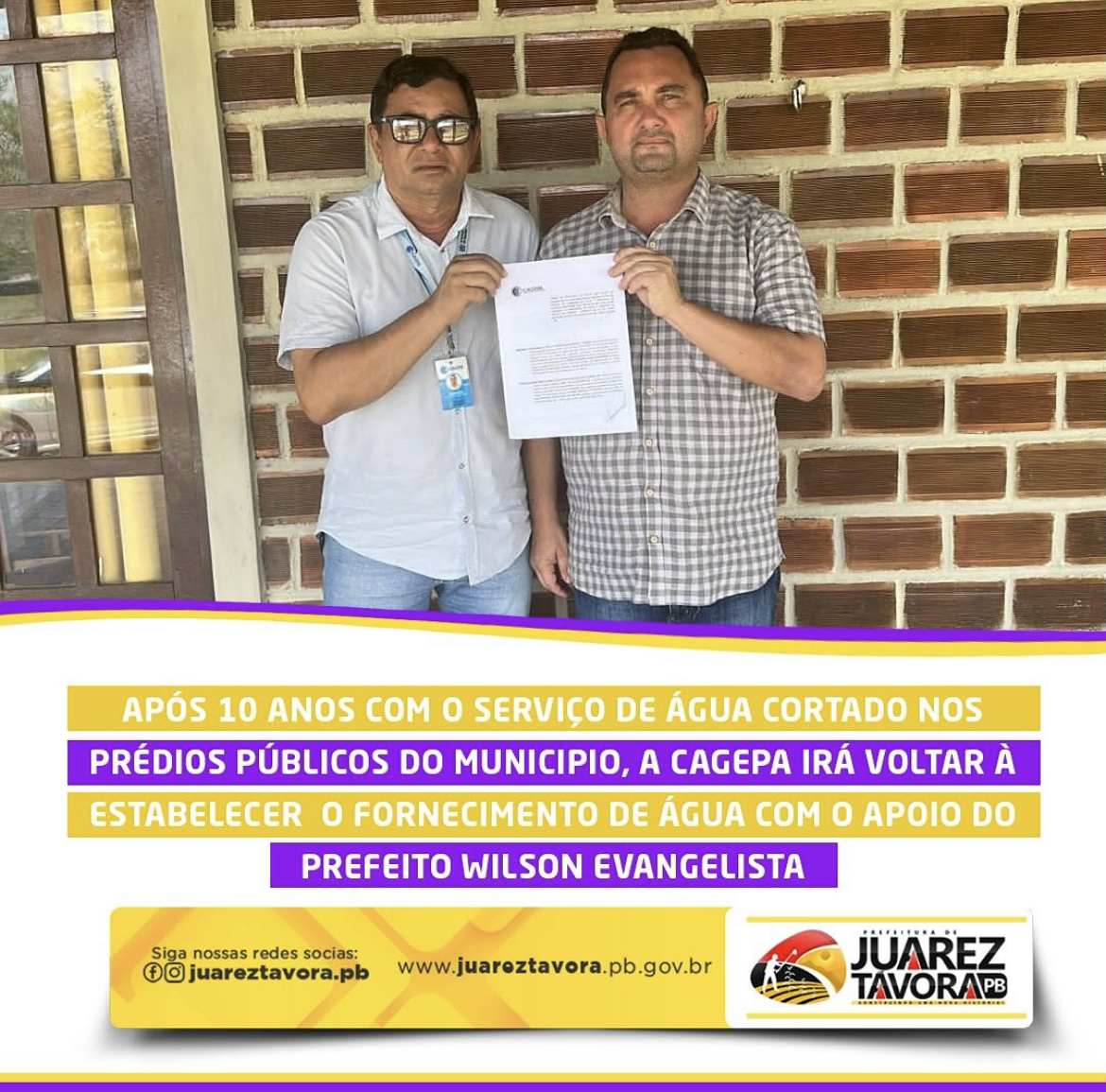 Prefeitura de Juarez Távora faz acordo com Cagepa para fornecer água aos órgãos públicos